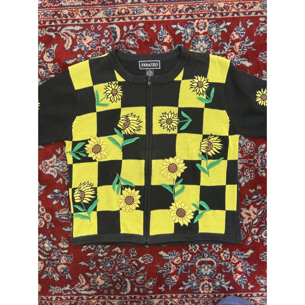 VTG Terazzo Button Front Black Sweater with Embellished Sunflowers Spring - M
